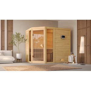 Karibu Sauna Sanna 3 Set aus Fichte mit Glastür und Edelstahl-Ofen.