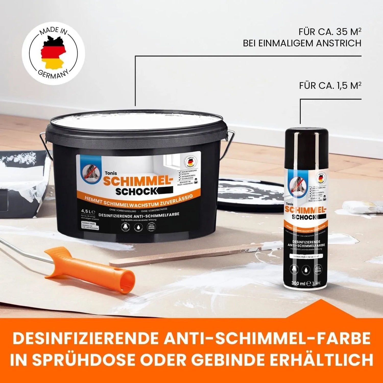 Tonis SCHIMMELSCHOCK Anti-Schimmel-Farbe in Eimer und Spraydose. Weiße Wandfarbe zur Schimmelbekämpfung.