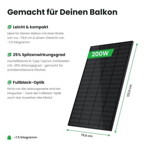 Schwarzes SUNSHARE 200W Solarmodul für Balkonkraftwerk mit TopCon N-Typ Zellen.