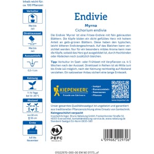 Kiepenkerl Saatgut Endivie Myrna: Samentüte mit Infos zu Aussaat und Ernte der Frisee-Endivie.