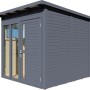 Anthrazitfarbenes Bertilo Gartenhaus Pentus 2 Office aus Holz mit Flachdach und Fenstern.