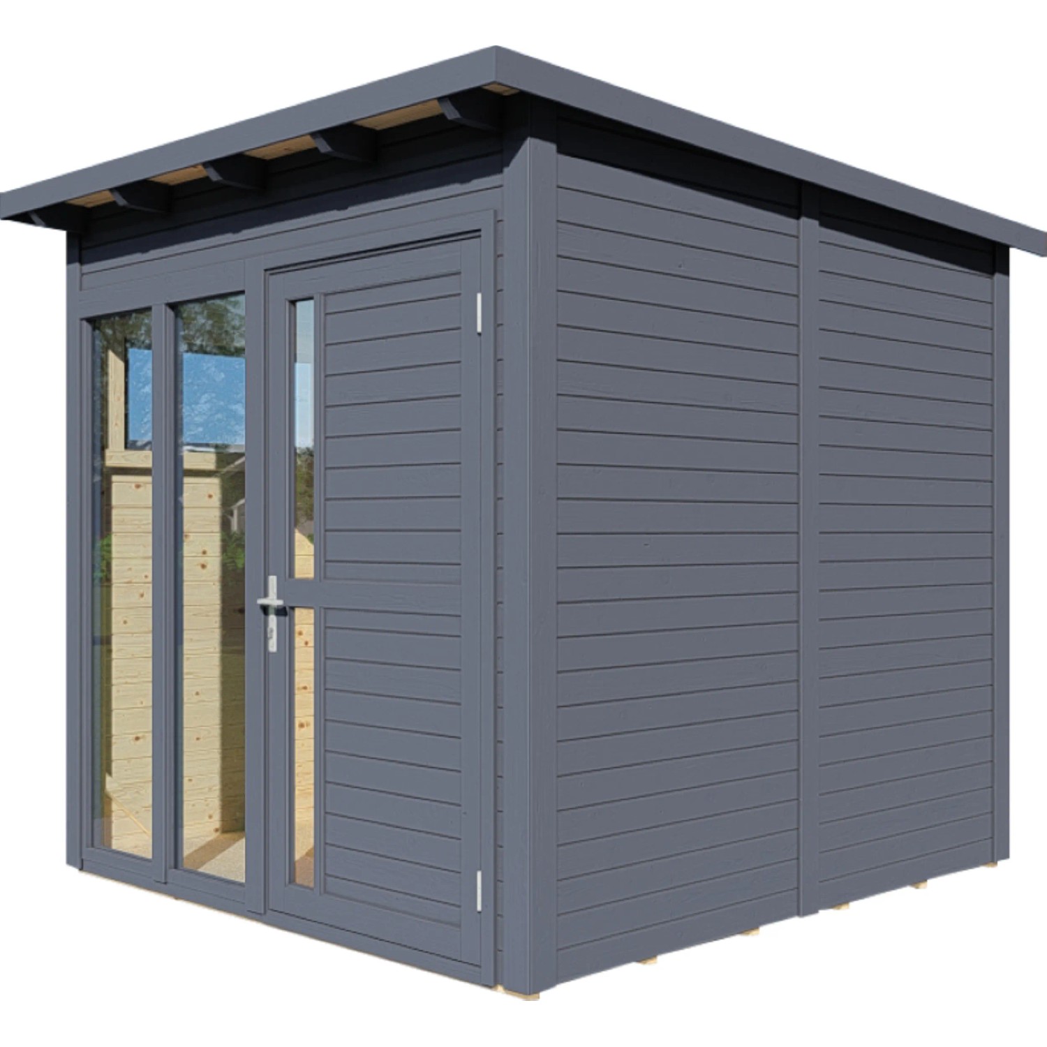Anthrazitfarbenes Bertilo Gartenhaus Pentus 2 Office aus Holz mit Flachdach und Fenstern.