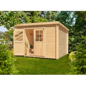 Kiehn-Holz Gartenhaus KH 28-048, 300x240 cm, unbehandeltes Holz mit Doppeltür im Garten.