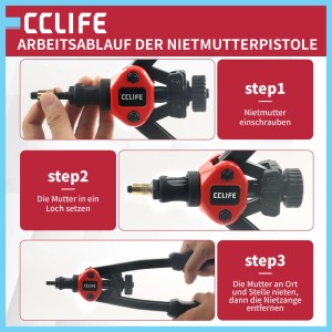 Anleitung: CCLIFE Nietmutternzange Set in 3 Schritten. Nietmutter einschrauben, in Loch setzen, vernieten. Für M3-M10.