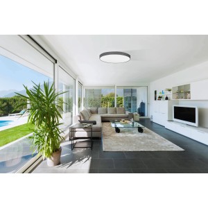 Moderne, 5-flammige Eglo Deckenleuchte Pasteri in Weiß-Grau mit Stoffschirm im Wohnzimmer.