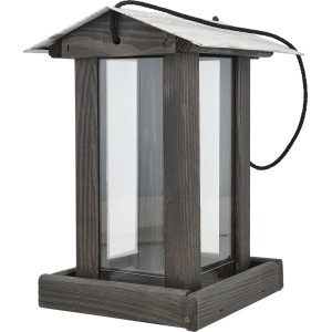 Grau-braunes Vogelhaus mit Schiebedach aus Metall, 28x19x19 cm. Vogelfutterspender mit Getreidesilo.
