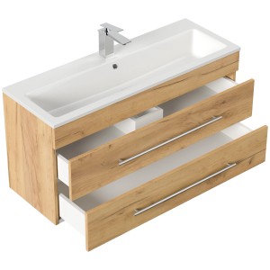 Posseik Badmöbel Portus 1000 SlimLine Eiche Gold mit Waschbecken und zwei offenen Schubladen.