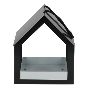 Anthrazitfarbenes Esschert Vogelfutterhaus zum Hängen, offene Bauweise.