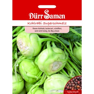 Dürr Samen Kohlrabi Superschmelz Saatgut Packung mit Kohlrabis und Saatgutansicht.