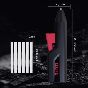 CCLIFE Akku Heißklebepistole, schwarz, mit rotem Abzug und 7,2mm Klebesticks. Kompakte Stiftform, kabellos.