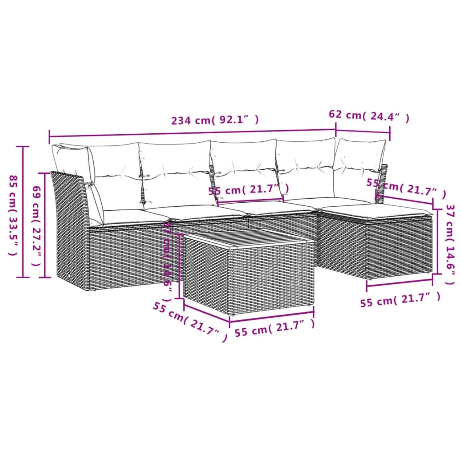 Beige 6-tlg. Garten-Sofagarnitur aus Polyrattan mit Kissen und Tisch, ideal für Terrasse und Garten.