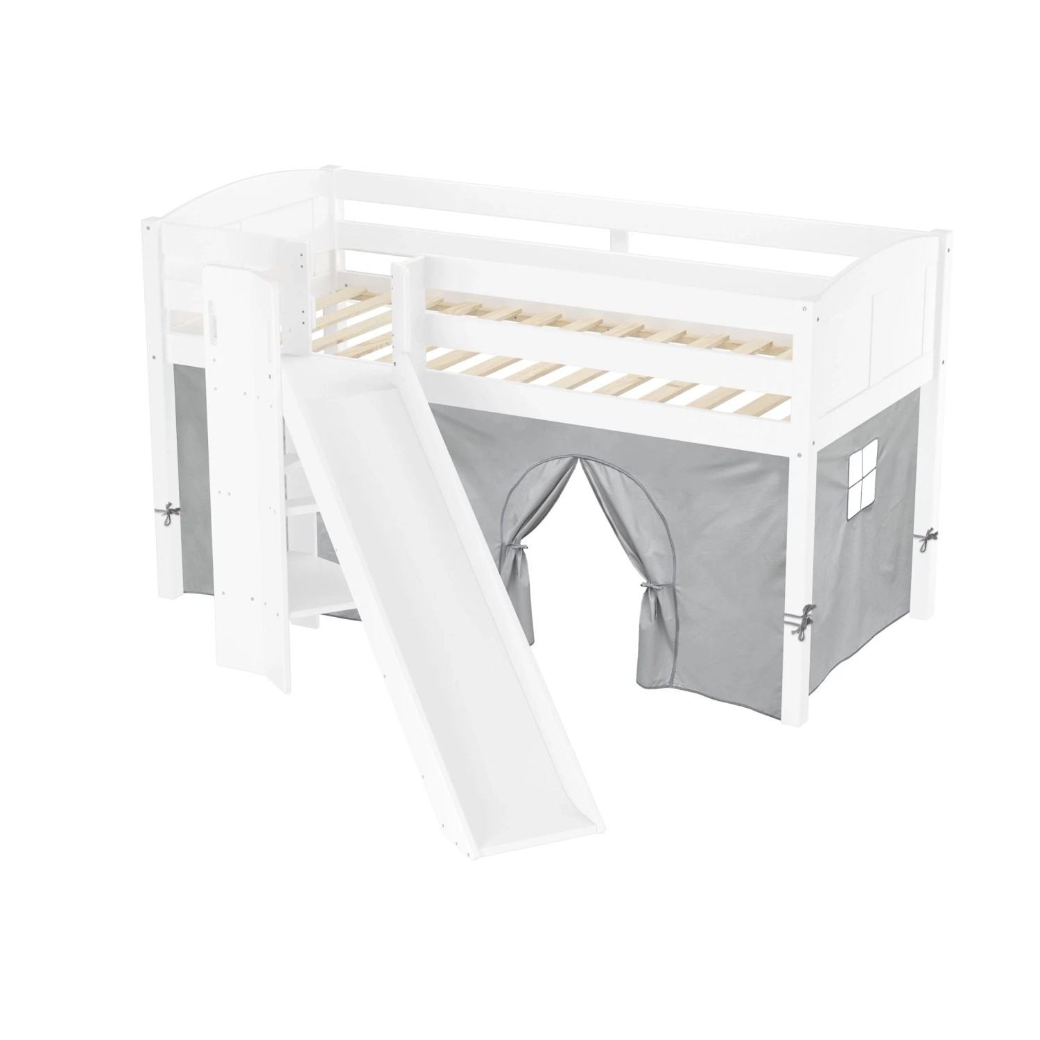 Erst-Holz Schönes Spielbett für Kinder mit Rutsche 90 x 200 cm Kiefer Weiß Modell 21 mit Vorhang Grau