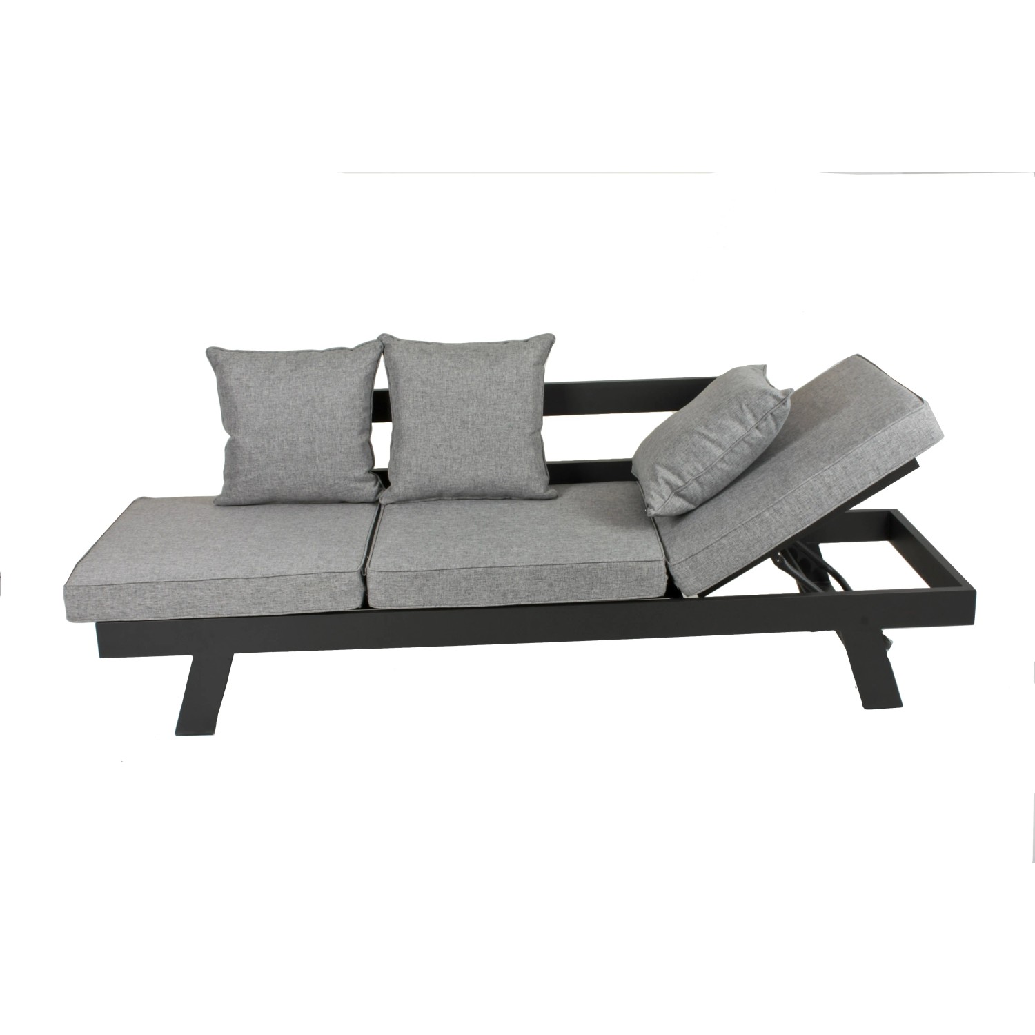 Graues Funktionssofa Donna für den Garten mit verstellbaren Sitzelementen und Aluminiumgestell.