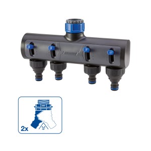 LUX-TOOLS 4-Wege-Verteiler für Gartenschläuche, 26,4 mm auf 33,3 mm, mit Reglern.