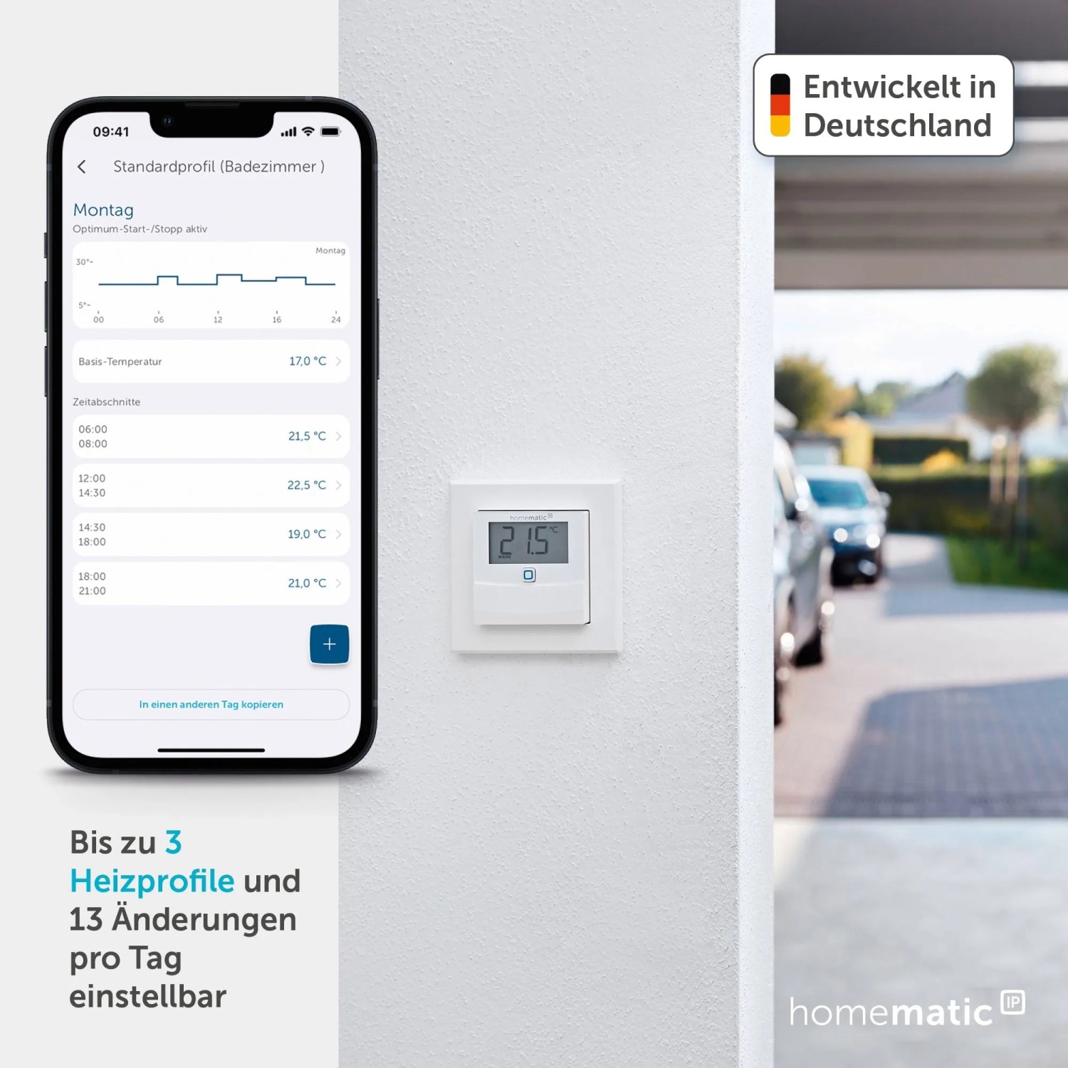 Homematic IP Temperatur- und Luftfeuchtigkeitssensor mit Display und Smartphone App zur Hausautomation.