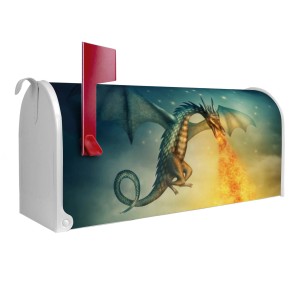 Weißer US Briefkasten mit Drachen Motiv. Stahl, pulverbeschichtet, mit roter Fahne.