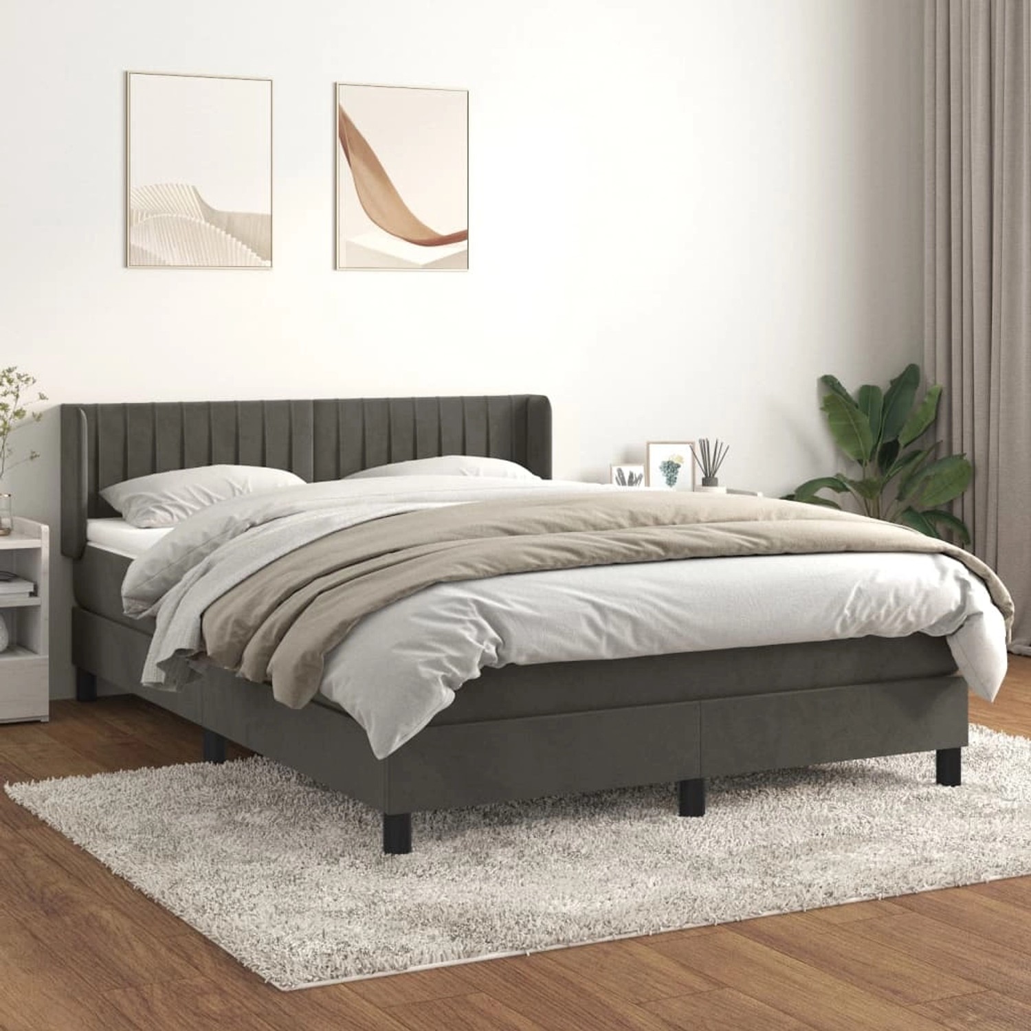 Dunkelgraues vidaXL Boxspringbett 140x190 cm mit Samtbezug, inklusive Matratze und Topper.