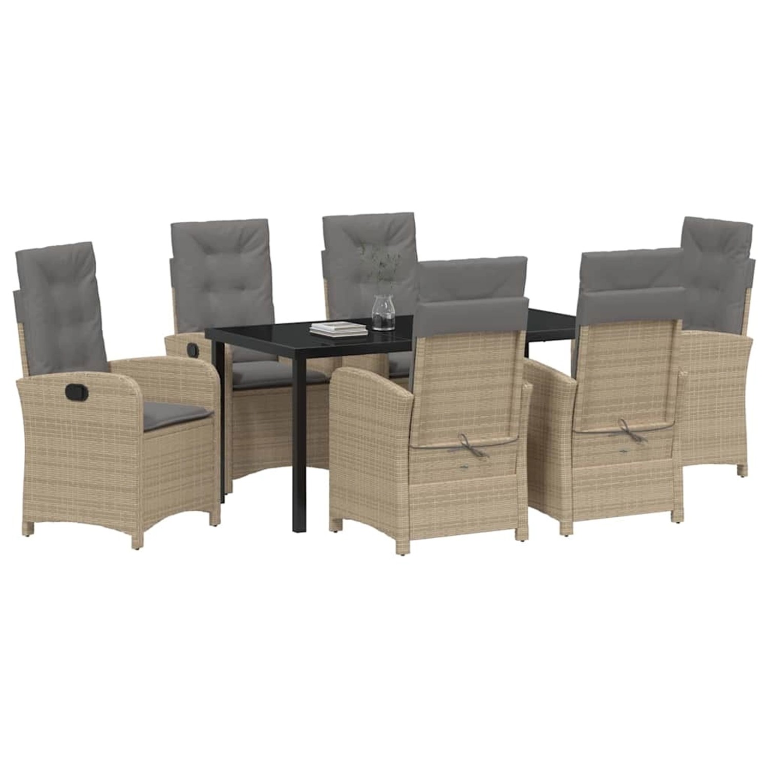 Beige 7-teilige Garten Essgruppe aus Polyrattan mit Tisch und 6 Stühlen mit grauen Auflagen.