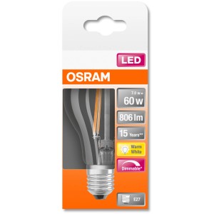 Osram E27 LED Leuchtmittel in Glühlampenform, 8,5 W, warmweiß, dimmbar.