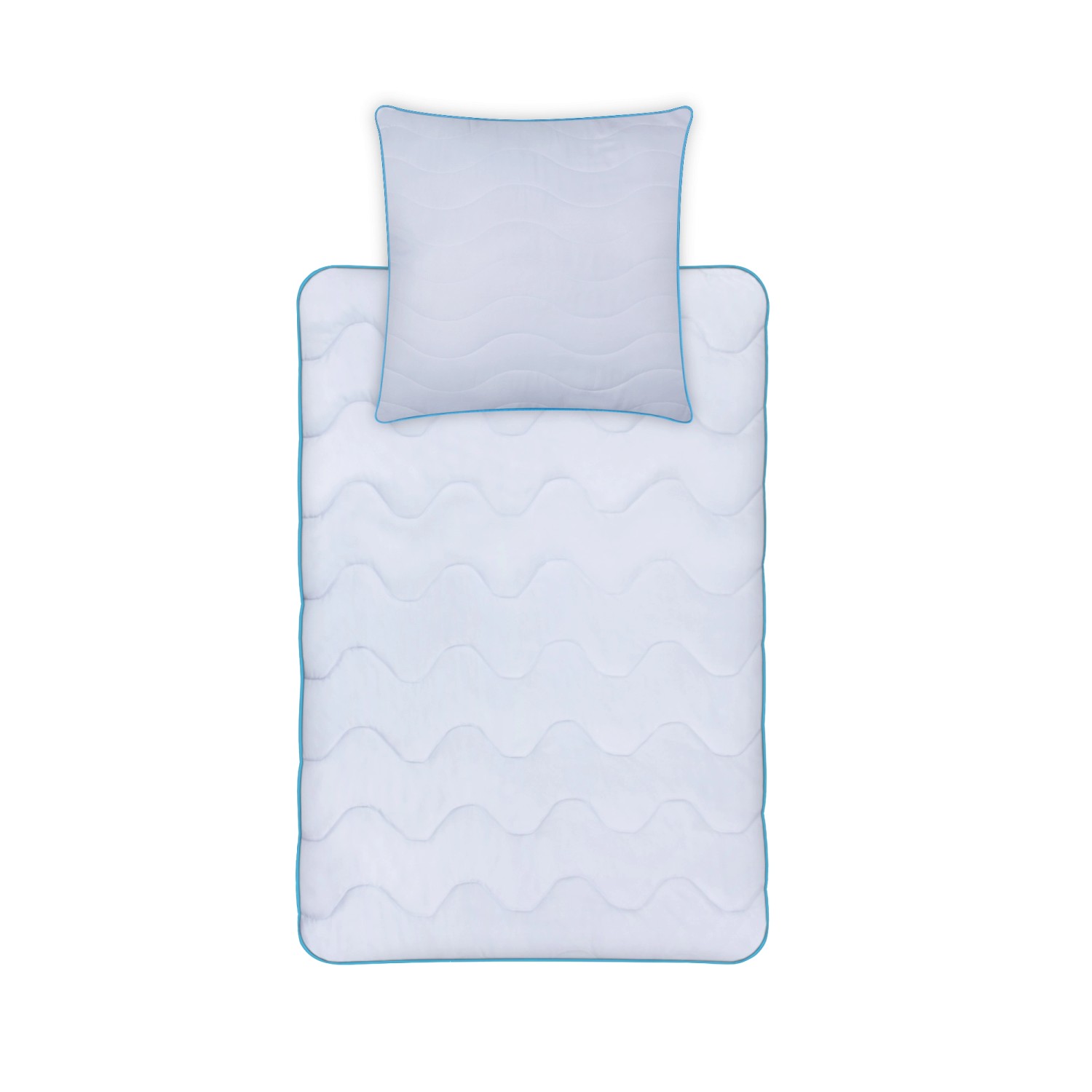 Bestlivings 4 Jahreszeitenbett mit Kissen, blau abgesetzt. Steppdecke für Sommer und Winter.