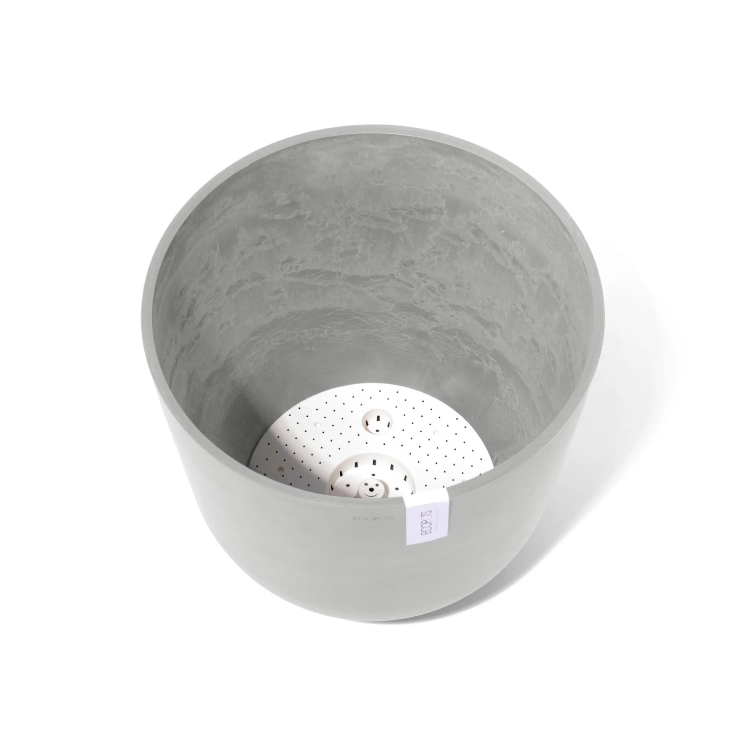 Ecopots Oslo Pflanztopf, weißgrau, 45 cm, Innenansicht mit Wasserreservoir.