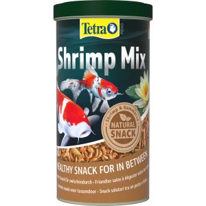 Tetra Pond Shrimp Mix Teichfutter im 1 l Behälter mit Karpfen Abbildung.