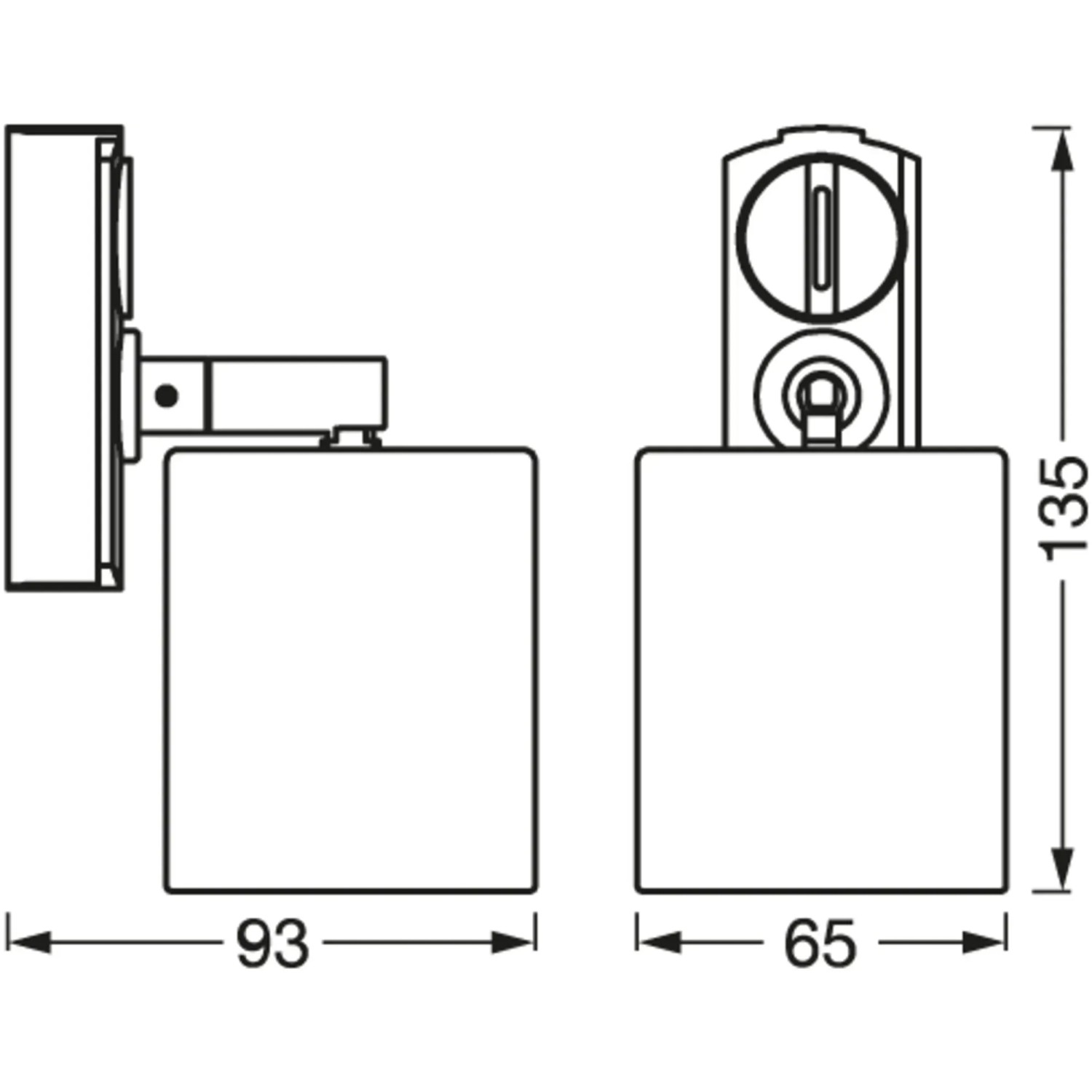 Technische Zeichnung Ledvance Schienensystem Spot Stelle Mini Cylinder, Maße 93x65x135 mm.