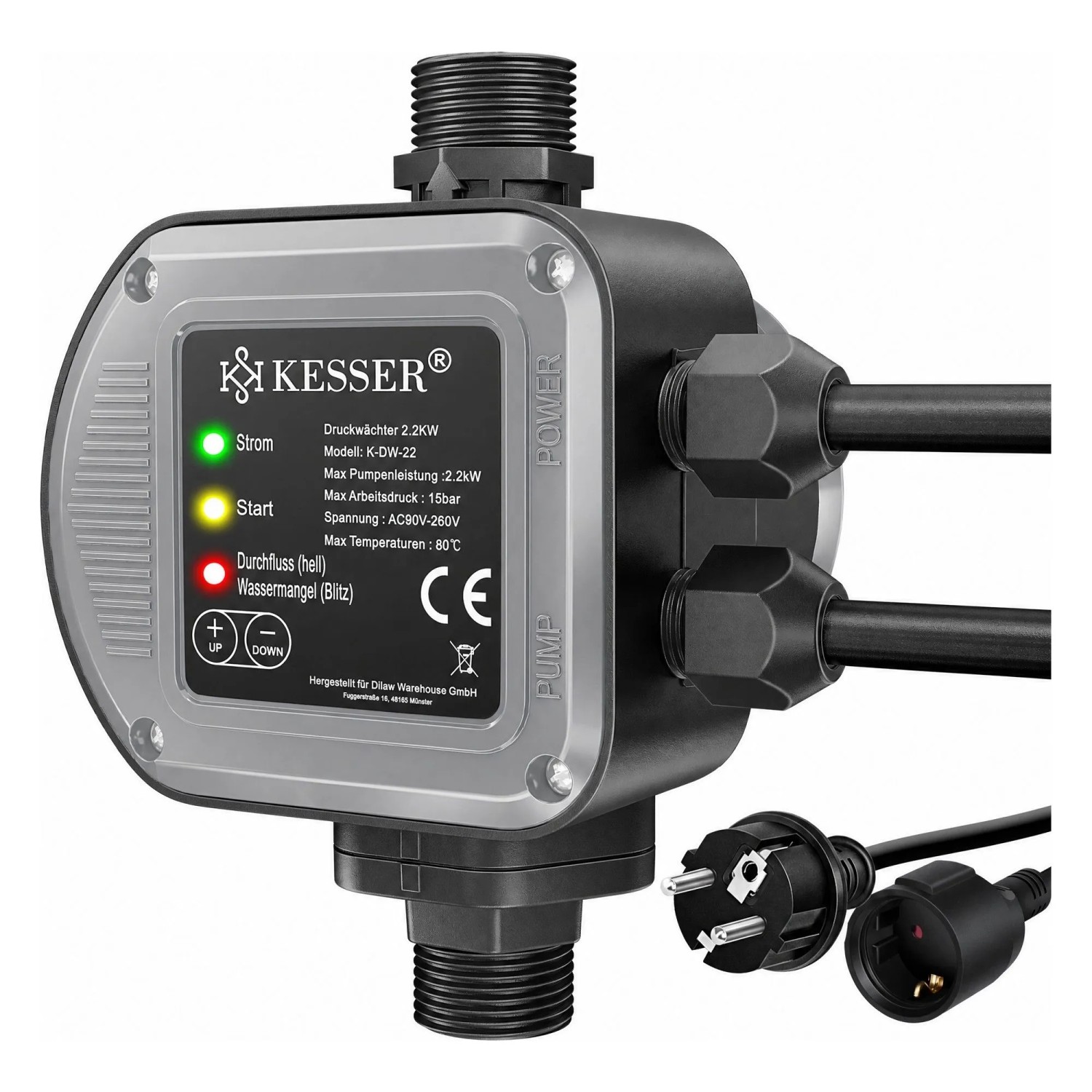 KESSER Druckschalter Pumpensteuerung Gartenbewässerung 2.2 kW Anthrazit Schwarz