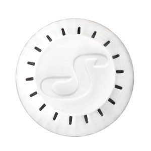 Weißer Shelly H&T Temperatursensor für Hausautomation mit Lüftungsschlitzen.