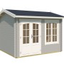 Lasita Maja Gartenhaus Alex, lichtgraues Holzhaus mit Doppeltür und Fenstern.