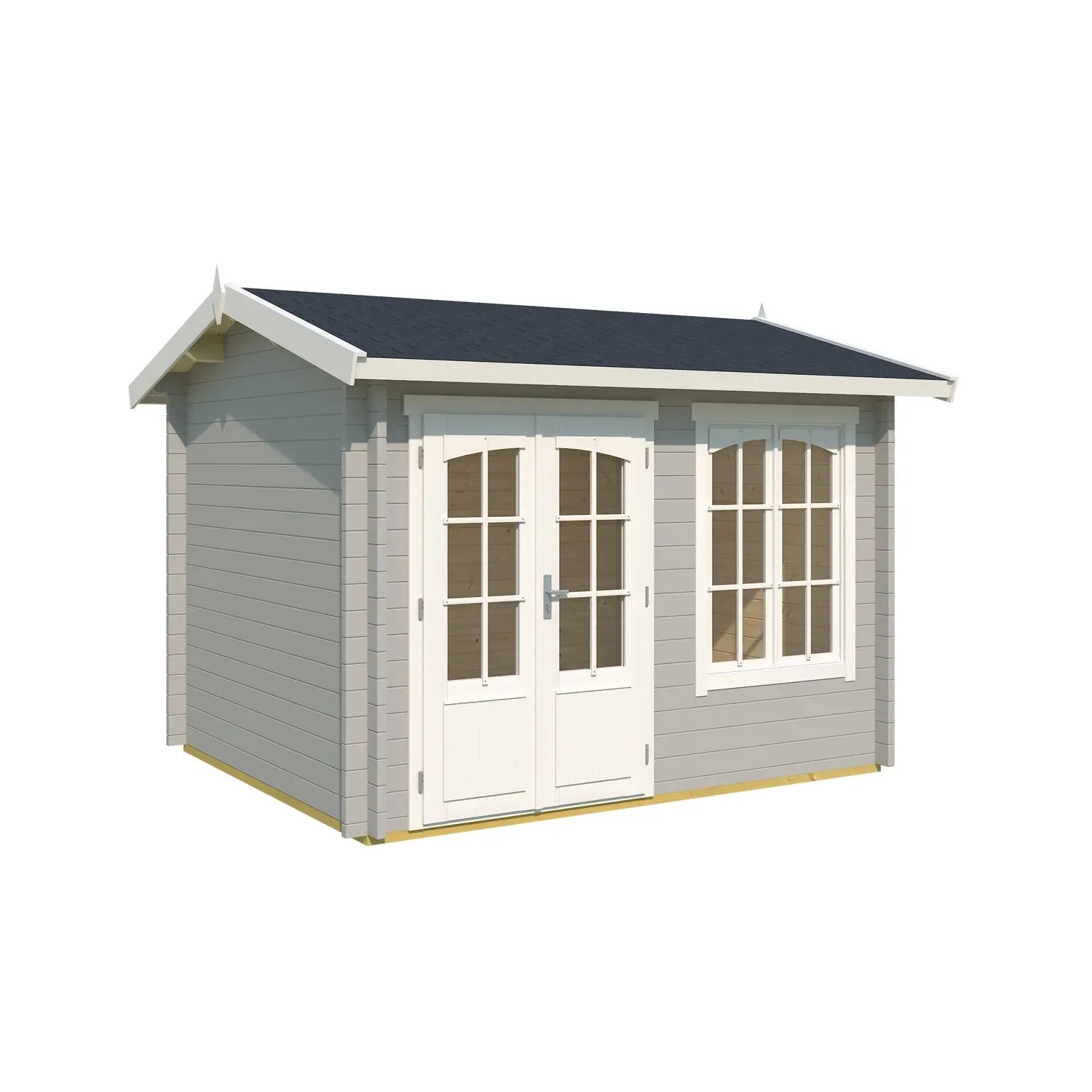 Lasita Maja Gartenhaus Alex, lichtgraues Holzhaus mit Doppeltür und Fenstern.