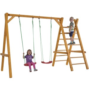 Gaspo Doppelschaukel mit Klettergerüst aus Holz, inkl. 2 Schaukeln und Bodenverankerung. Kinder beim Spielen.