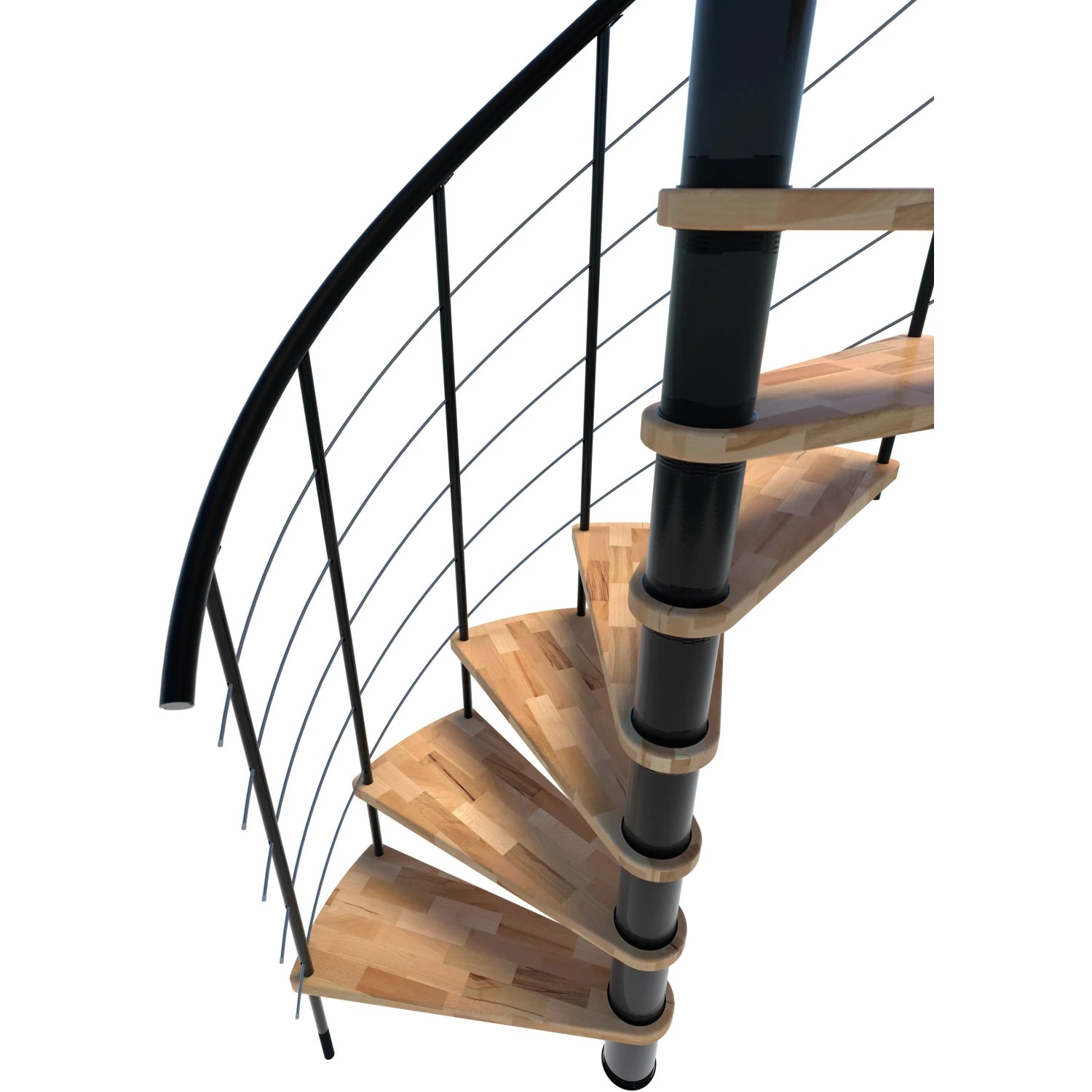 Minka Spindeltreppe Venezia Smart, Buche schwarz, Ø100cm. Wendeltreppe mit Holzstufen und schwarzem Geländer.