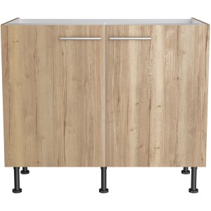 Optifit Spülenunterschrank Erik290 in Wildeiche, 100 cm breit, mit zwei Türen und Edelstahlgriffen.