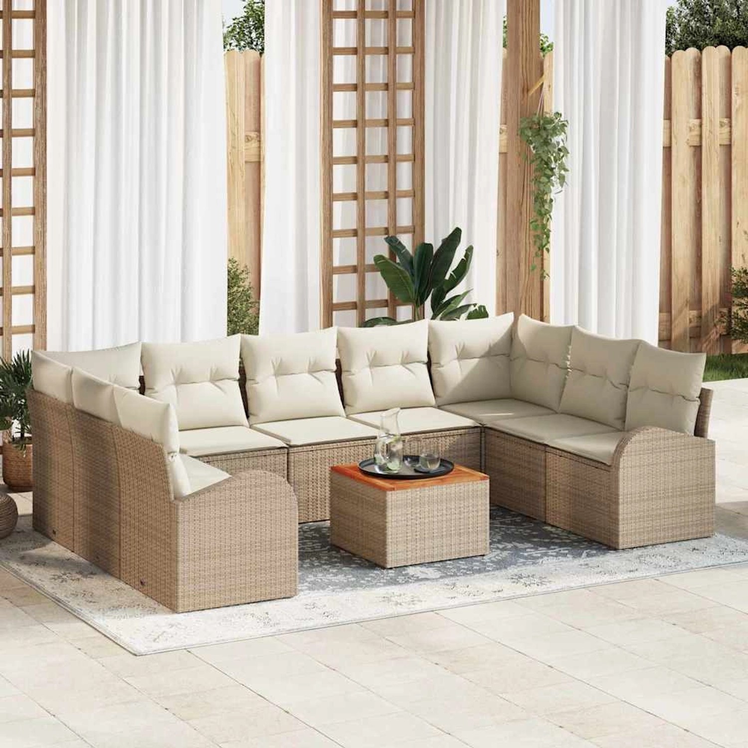 Beige-weißes 10-tlg. vidaXL Garten-Sofa-Set aus Rattan mit Tisch für Terrasse und Garten.