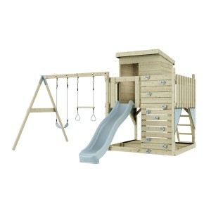 PolarPlay Spielturm Björn mit Schaukel, Rutsche und Kletterwand aus Holz, eisblau.