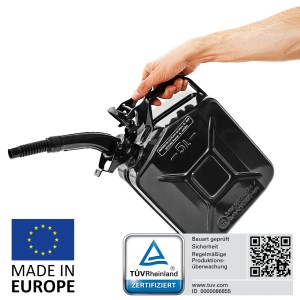 Schwarzer 5L Metall Kraftstoffkanister mit Ausgießer, gehalten von einer Hand.