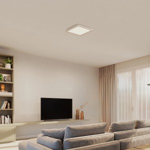 Quadratisches, weißes Philips Hue LED-Panel Tento White S an Zimmerdecke.