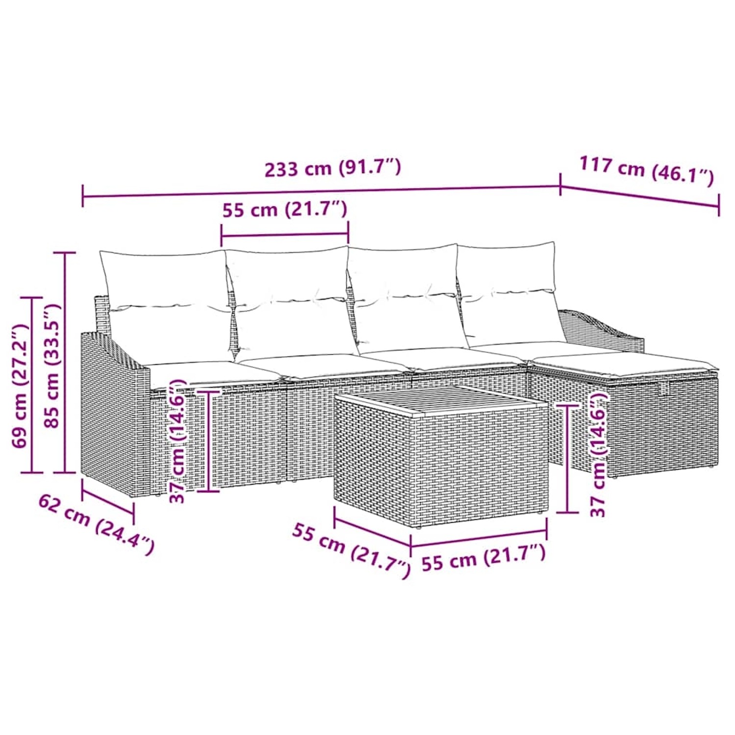 Beiges 6-teiliges Garten-Sofa-Set aus Poly Rattan mit Kissen und Stauraum.