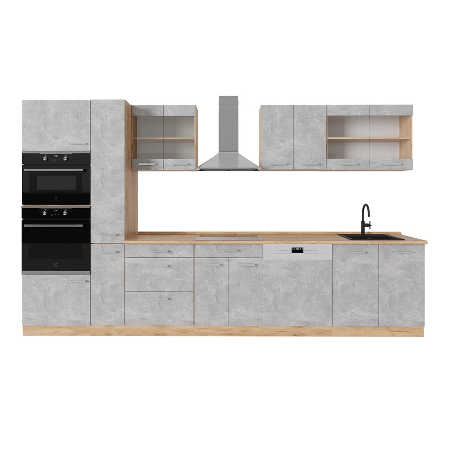 Vicco R-Line Küchenzeile Beton/Goldkraft Eiche 350 cm ohne Arbeitsplatte günstig online kaufen