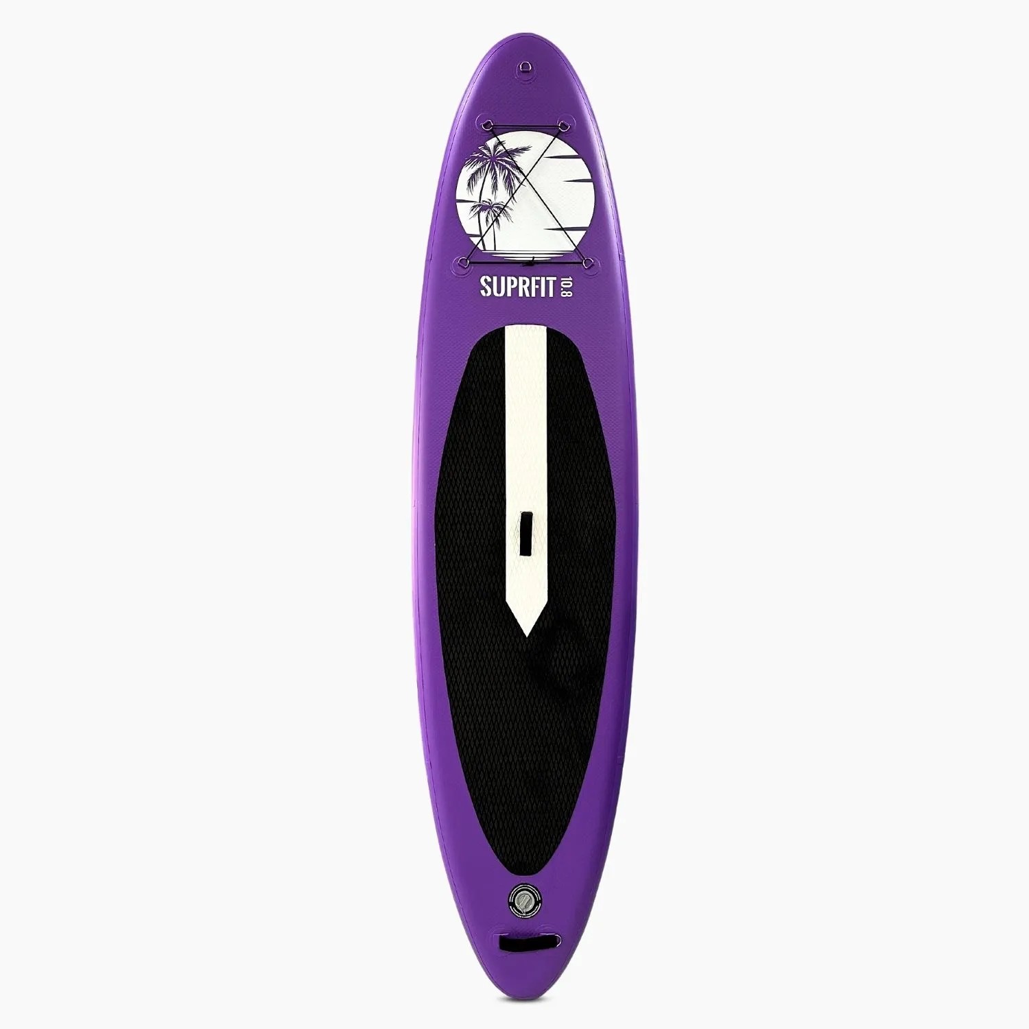 Lila Suprfit Halia SUP Board, aufblasbar, mit schwarzem Anti-Rutsch-Pad und Palmen-Design für Wassersport.