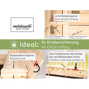 Detailansicht: needs&wants Holz Sandkasten Sunplaya3 mit Kindersicherung.