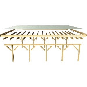 Karibu Einzelcarport Classic 3, Variante A, KDI Grün, mit PVC-Dacheindeckung, Detailansicht der Holzkonstruktion.