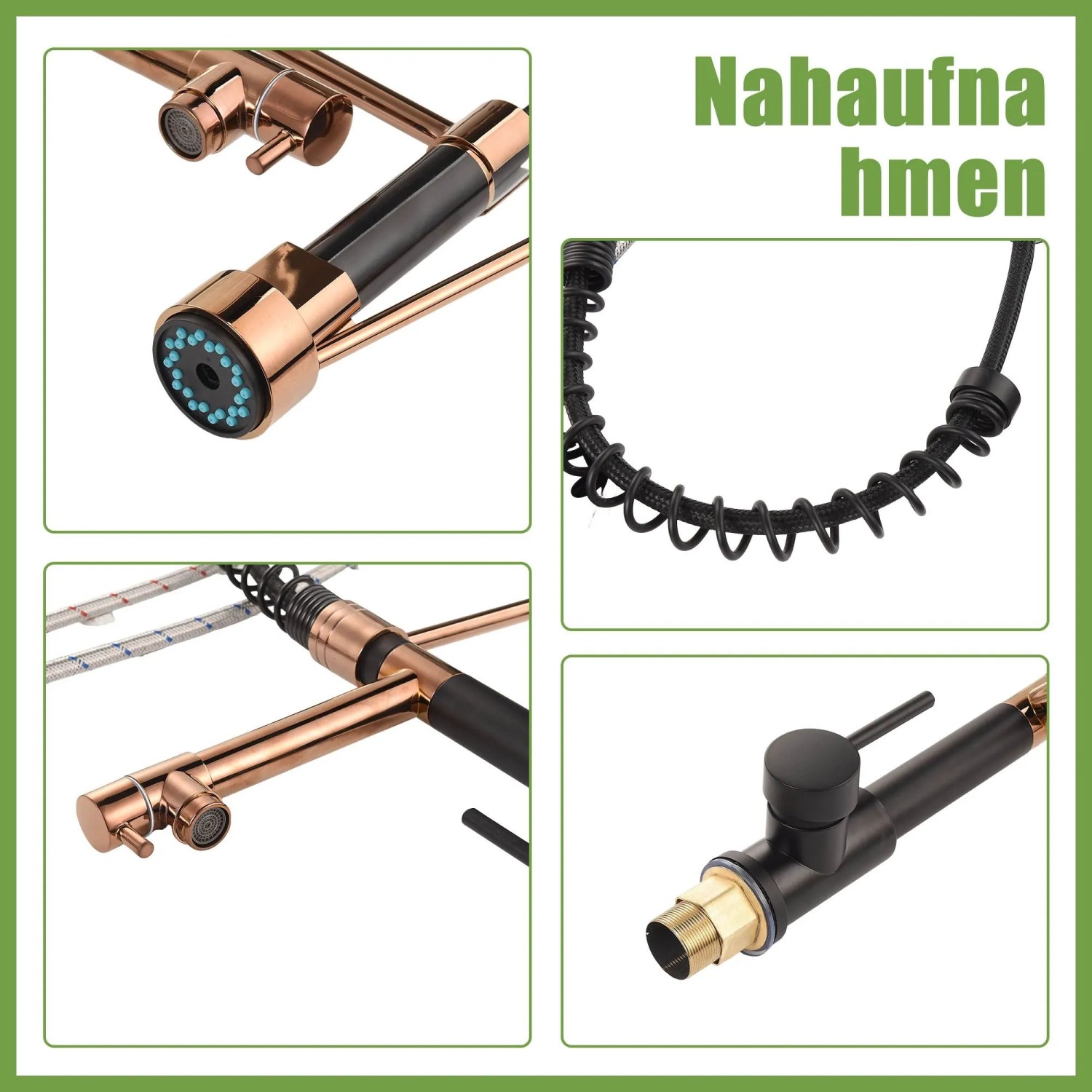 Nahaufnahmen einer gold-schwarzen Küchenarmatur mit hohem Bogen, ausziehbarer Brause und Einhebelmischer. Zeigt Details der 2 Strahlarten.