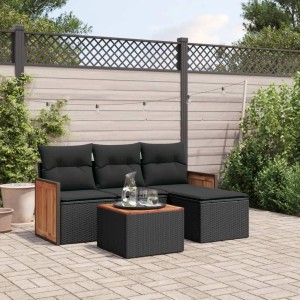 Schwarze 5-tlg. vidaXL Garten-Sofagarnitur aus Poly Rattan mit Kissen und Akazientisch.