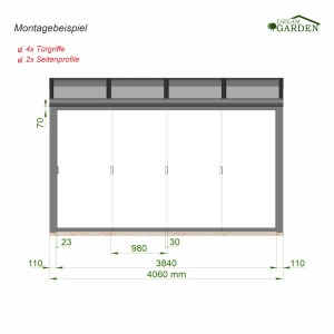 DreamGarden Glasschiebewand 4-türig, Klar Glas, Anthrazit, Maße und Details.