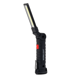 Schwarze LUXULA LED Arbeitsleuchte mit Magnetfuß und Haken, USB-C aufladbar.