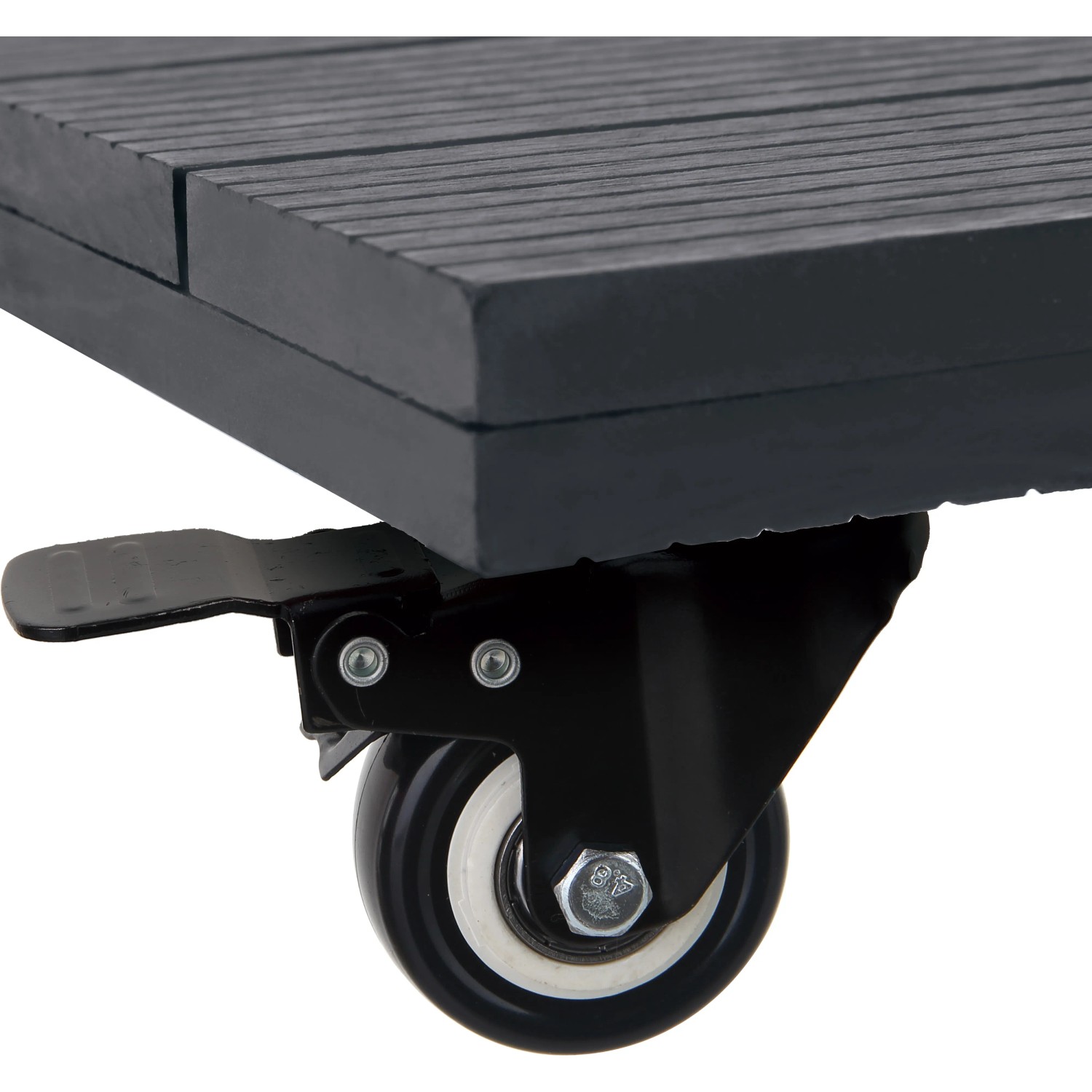 Detailaufnahme Pflanzenroller WPC Anthrazit, geriffelte Oberfläche, Rolle mit Feststellbremse.