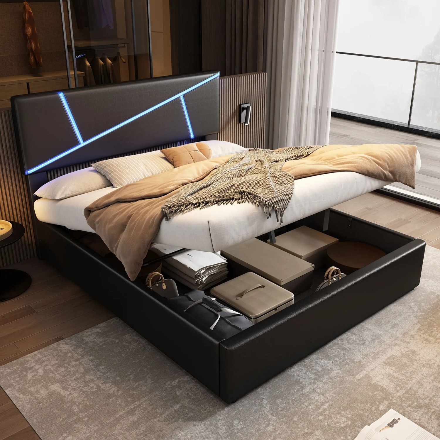 Merax Polsterbett 140 x 200 cm mit LED Stauraum Lattenrost PU Schwarz