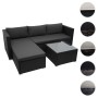 Schwarze Poly-Rattan Gartenmöbel Garnitur mit L-Sofa, dunkelgrauen Kissen und Glastisch für Terrasse & Balkon.